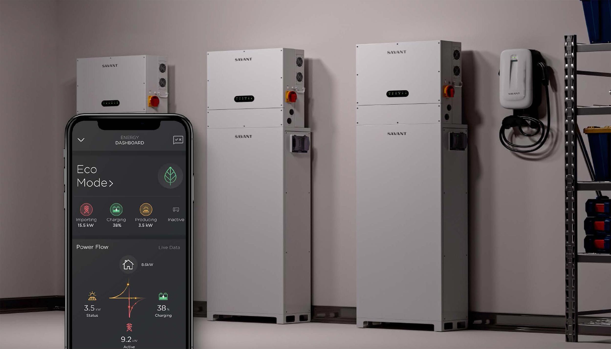 Savant Power energy storage units in a garage with a smartphone displaying the Savant Power eco mode dashboard.